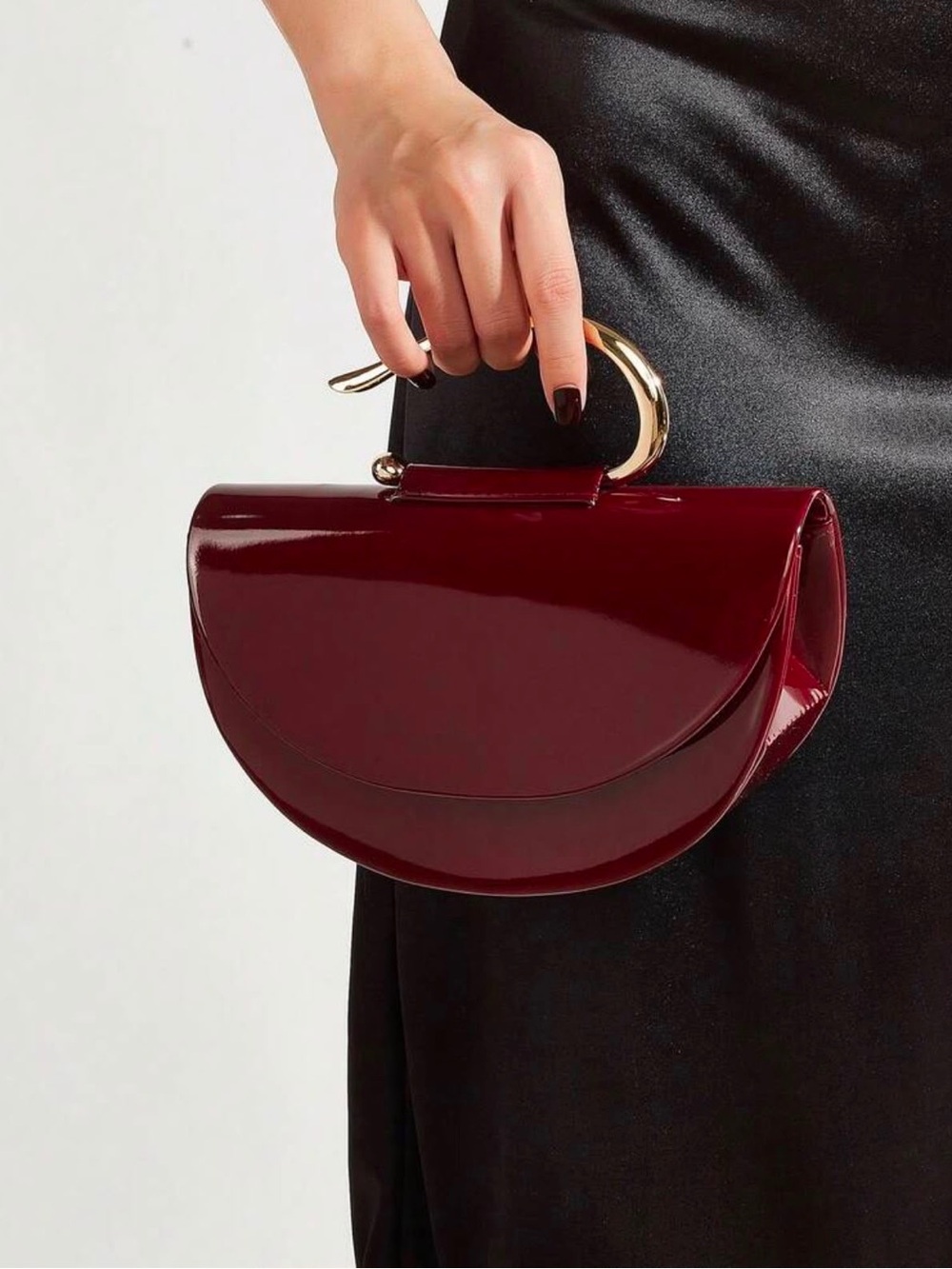 Red Half Moon Clutch Bag Gold Handle Elegant Evening Purse